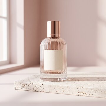 Elegant rose gold perfume bottle mockup on travertine stone