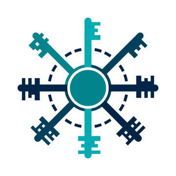 Symmetrical circle arrangement of blue skeleton keys.
