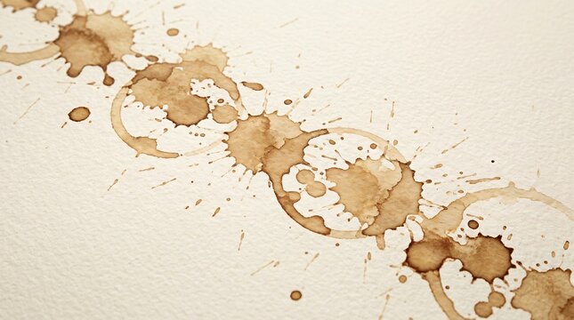 Vintage coffee stain rings on textured paper, brown caffeine splatters and drips, rustic beverage marks for background design