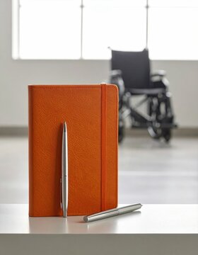 Orange notebook, pen on table, wheelchair in blurred background