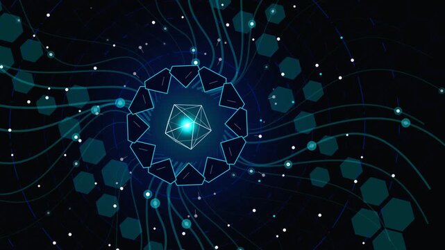 Futuristic 3D animation of a glowing geometric core with swirling lines and hexagons changing colors representing a data nexus artificial intelligence and quantum computing