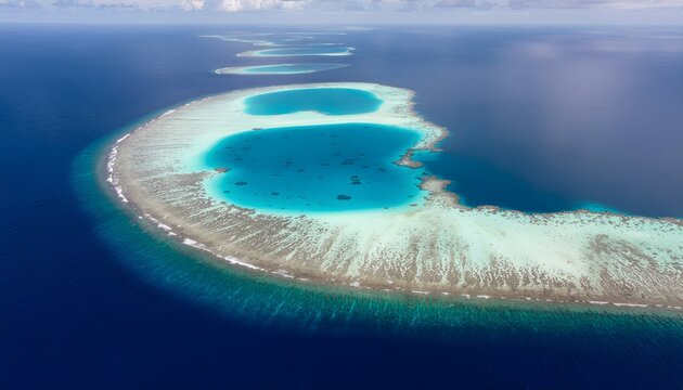 Aerial view of a beautiful tropical coral atoll in the middle of the deep blue ocean.