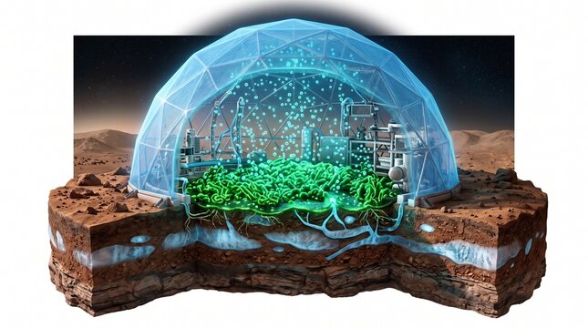 3D Astrobiology Diagram of Cyanobacteria Generating Oxygen on Mars