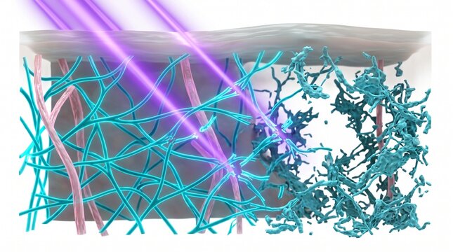 3D Microscopic Diagram of Elastin Degradation in Photoaging (Solar Elastosis)