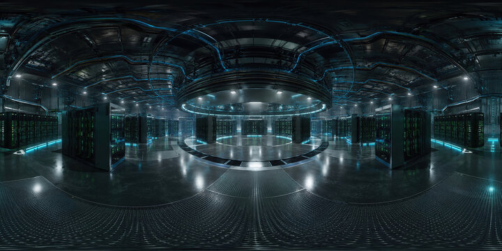 HDRI Futuristic Circular Data Center 360 Panoramic view of concentric server cabinets, central maintenance flooring, overhead cable systems, controlled cooling architecture, and cyan lighting
