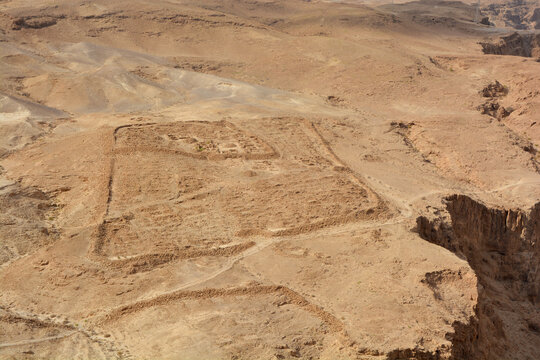 Remnants of Roman Camp one of several legionary camps just outside the circumvallation wall of Masada. The siege of Masada was 1 of the final events in the 1st Jewish Roman War