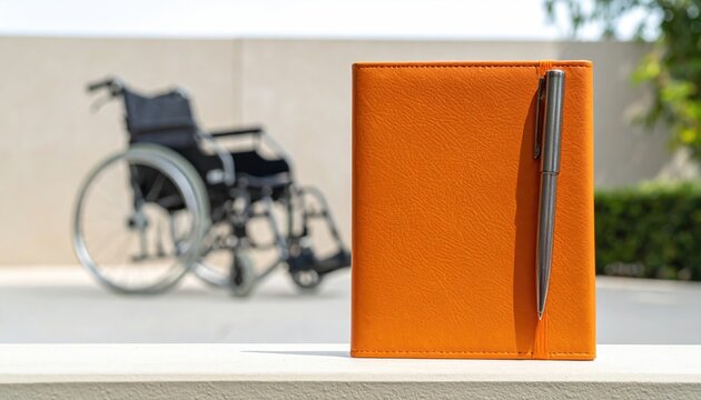 Orange notebook with pen sits on ledge, wheelchair blurred behind