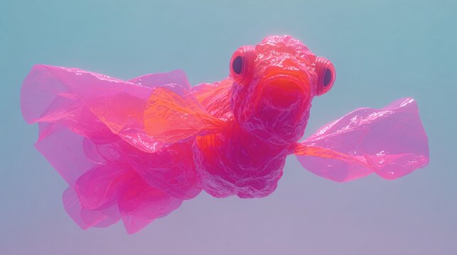 Crumpled plastic fish on blue: a symbol of environmental impact. Breaking news. Art made from waste: fish formed by crumpled plastic on blue ocean background. Photojournalism. Feature story.