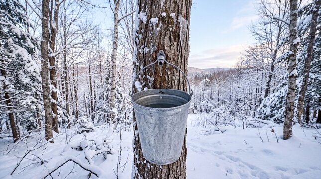Metal bucket collecting sap from a maple tree in a snowy forest
