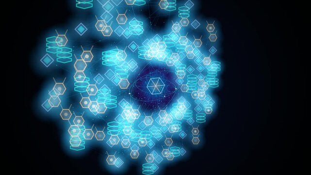 Abstract futuristic animation of data nodes and network connections forming complex shapes like DNA strands and spheres representing artificial intelligence big data processing and blockchain
