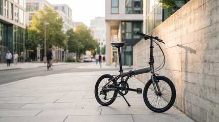 Obraz premium Modern Folding Bicycle Parked on Clean Urban Street with Contemporary Architecture for Eco Friendly City Transportation Commuting Lifestyle and Sustainable Mobility Concepts