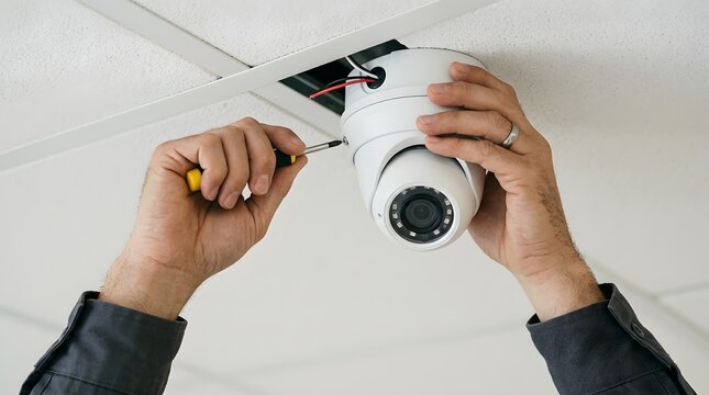 Technician installing a modern security surveillance camera on a white office ceiling using a handheld screwdriver
