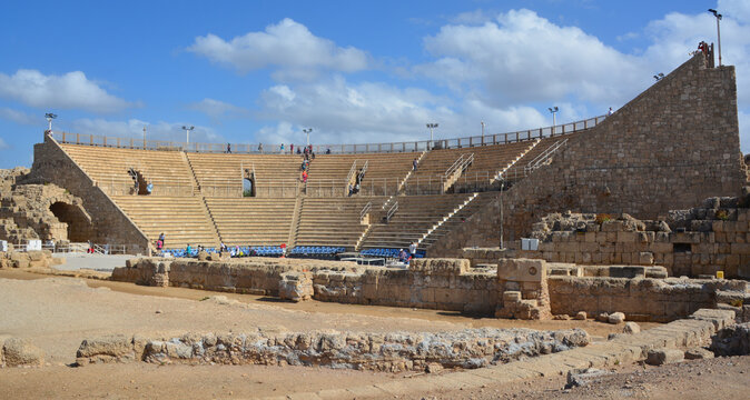 Caesarea roman theater at Caesarea Maritima is an Israeli National Park in the Sharon plain, including the ancient remains of the coastal city of Caesarea.