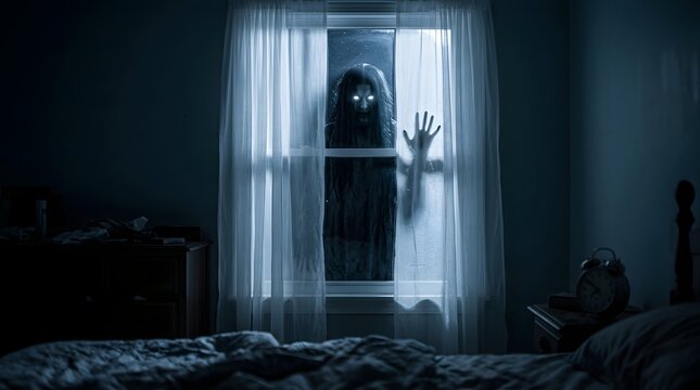 Terrifying ghostly figure appearing at a bedroom window at night