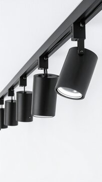 Black cylindrical spotlights mounted on a ceiling track