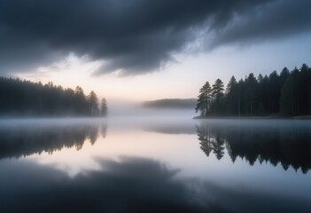 dramatic morning fog reflection over calm water and forest © Smartology