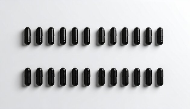 Two rows of black capsules, neatly arranged on a white background