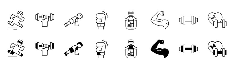 Gym workout icon set collection featuring running, rope skipping, boxing, muscle flex, dumbbell lifting, push up, barbell pulse, exercise vector illustration © Dhani