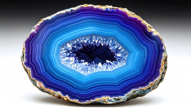 Vibrant blue agate slice revealing glittering crystal cavity