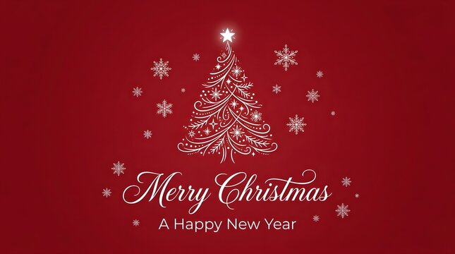 Elegant merry christmas and happy new year greeting card featuring a glowing stylized pine tree on a deep red background