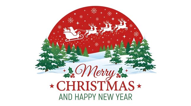 Festive merry christmas and happy new year greeting card design featuring santa claus flying in a snowy winter landscape