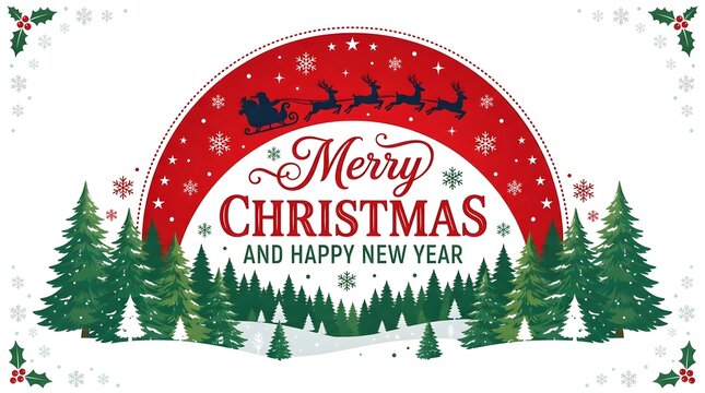 Festive merry christmas and happy new year greeting card design featuring a snowy winter forest landscape and decorative arch