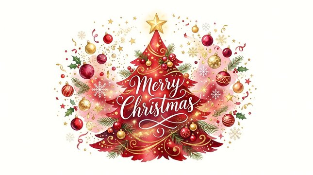Beautiful watercolor christmas tree illustration with red ornaments and elegant calligraphy text isolated on a white background