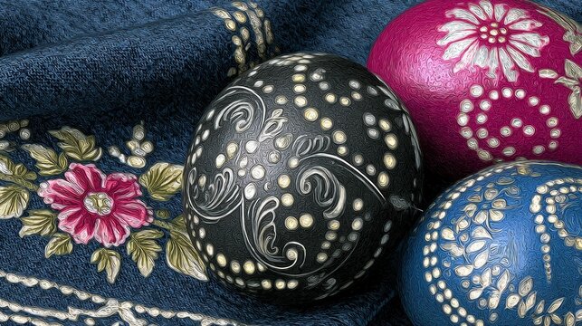 Elegant easter egg display on a dark blue canvas. News style. Exquisite easter scene with detailed egg art and textured napkins. Raw beauty. Human touch.