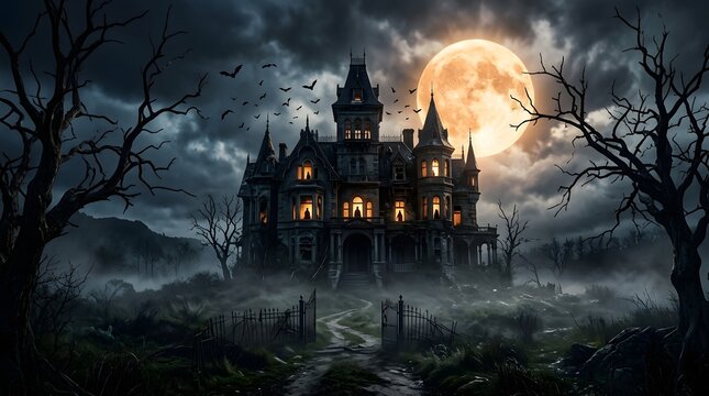 Eerie haunted mansion under a full moon with foggy landscape