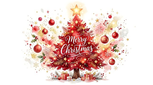 Beautiful watercolor illustration of a red christmas tree with ornaments and stars on a clean white background for holiday design