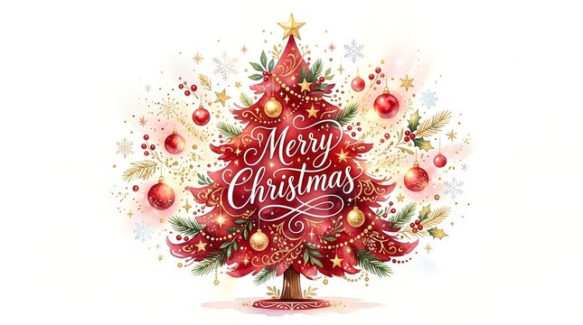 Beautiful watercolor illustration of a decorated christmas tree with merry christmas text isolated on a white background