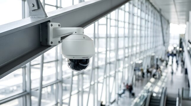 Modern security camera dome mounted on a steel beam inside a bright contemporary airport terminal building