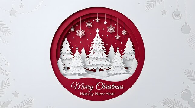 Decorative red circular christmas ornament featuring white pine trees and stars with a festive merry christmas holiday greeting message