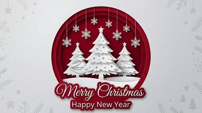 Elegant circular badge featuring white christmas trees and snowflakes with merry christmas and happy new year holiday greeting text