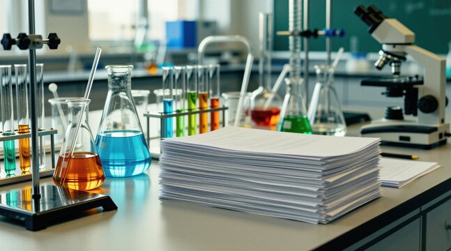 Stacked white papers sit on laboratory desk with scientific glassware. Colored test tubes, microscope stand near documents in modern research center. Scientists work with chemical samples, analytical