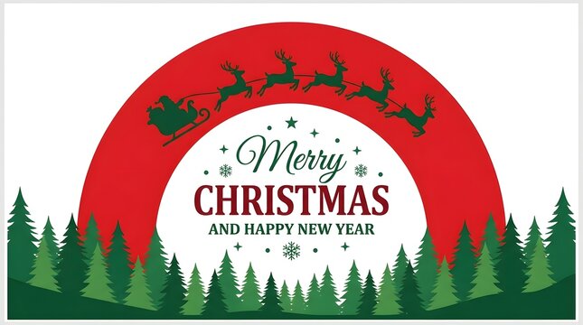 Merry christmas greeting card design featuring a silhouette of santa claus and reindeer flying over a winter pine forest