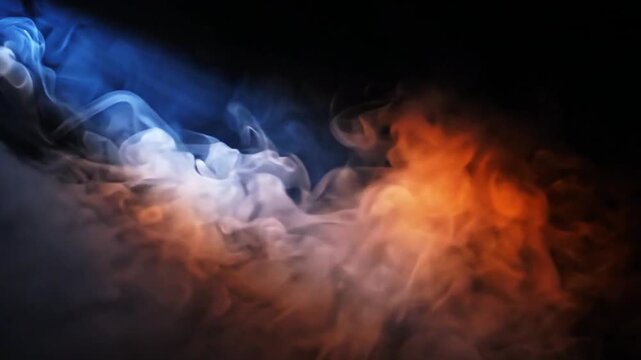 Abstract cinematic background featuring swirling blue and orange neon smoke clouds in a dark space