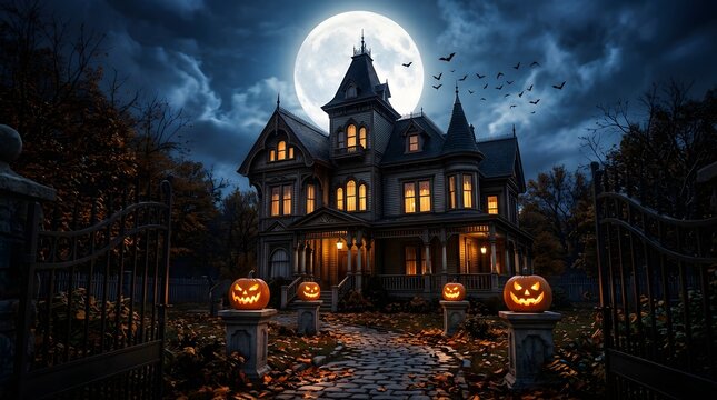 Spooky haunted house entrance with pumpkins and iron gates