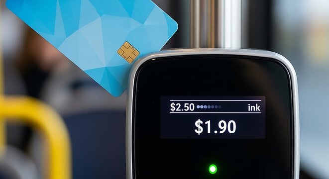 A close-up shot of a credit card being tapped on a fare reader in a public transport vehicle, displaying the fare amount.