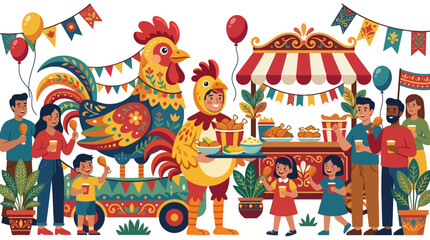 Fototapeta premium Vibrant chicken boy day festival with food stalls and costumes