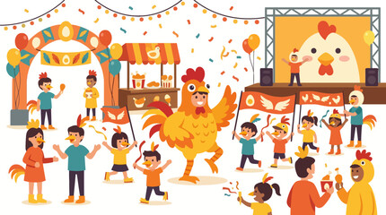 Fototapeta premium Chicken boy day celebration with kids in costumes and food stalls