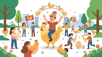 Fototapeta premium Happy children celebrating chicken boy day at a festive park event