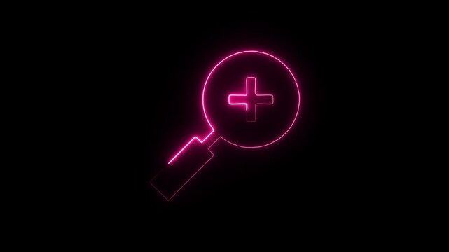 Red neon magnifying glass zoom in icon a glowing of a with plus symbol inside indicating in function