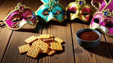 Obraz premium Four ornate carnival masks rest on a wooden table beside crackers and a bowl of chocolate dip. Festive disguise items are prepared for a fun celebration or masquerade party.