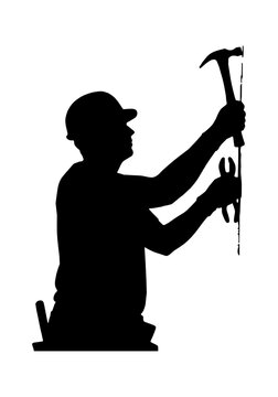 Silhouette of a construction worker using a hammer and pliers to perform manual labor and home repair tasks isolated on transparent background, Vector