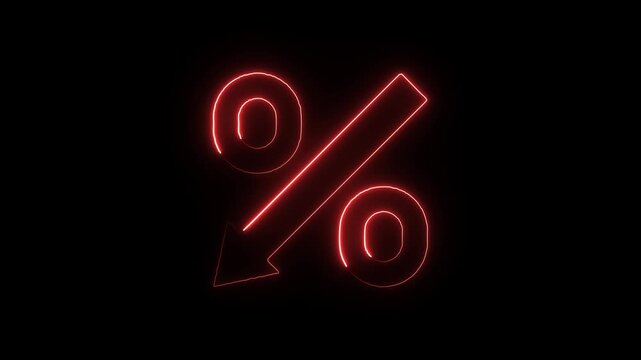 Red neon glowing percent sign with downward trend arrow a striking combined with a pointing arrow, denoting