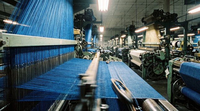 Industrial textile loom machine weaving blue fabric thread in a professional factory manufacturing plant