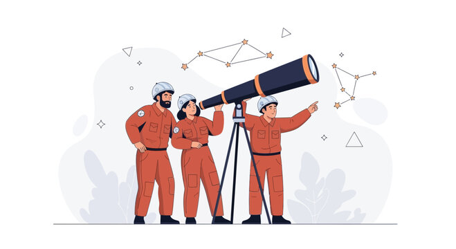 Team of astronauts in orange suits observing constellations with a telescope, flat illustration style
