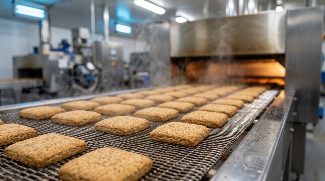 Fresh cookies moving along a metal conveyor belt in a large automated industrial food production factory