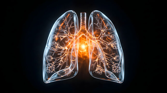 Glowing holographic lungs isolated on dark black background.